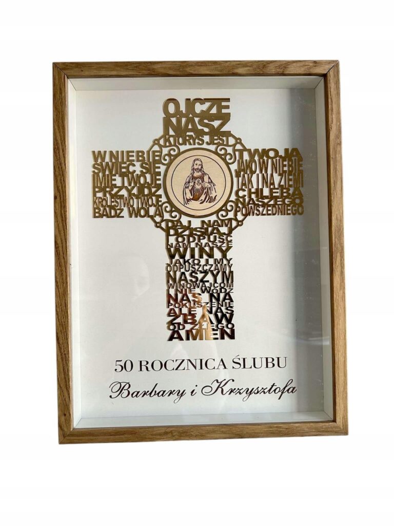 Złoty krzyż w ramce na rocznicę ślubu — 32 × 42 cm