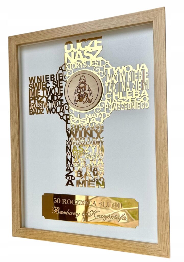 Złoty krzyż w ramce na rocznicę ślubu — 32 × 42 cm