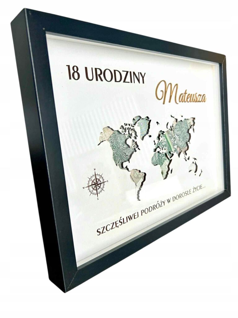 Mapa świata w ramce na pieniądze — prezent urodzinowy