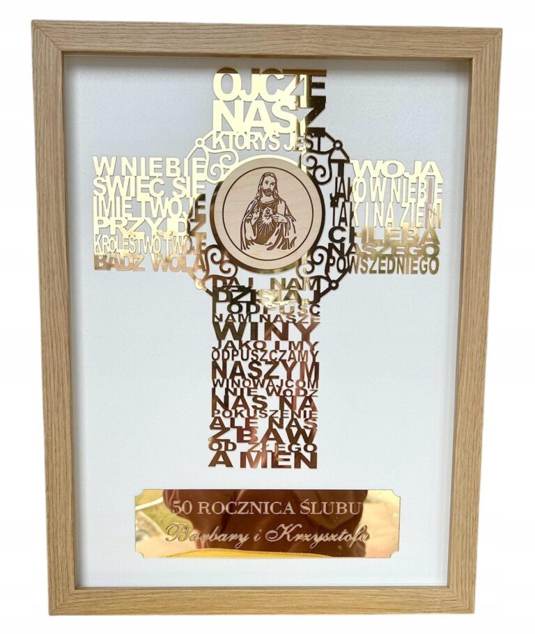 Złoty krzyż w ramce na rocznicę ślubu — 32 × 42 cm