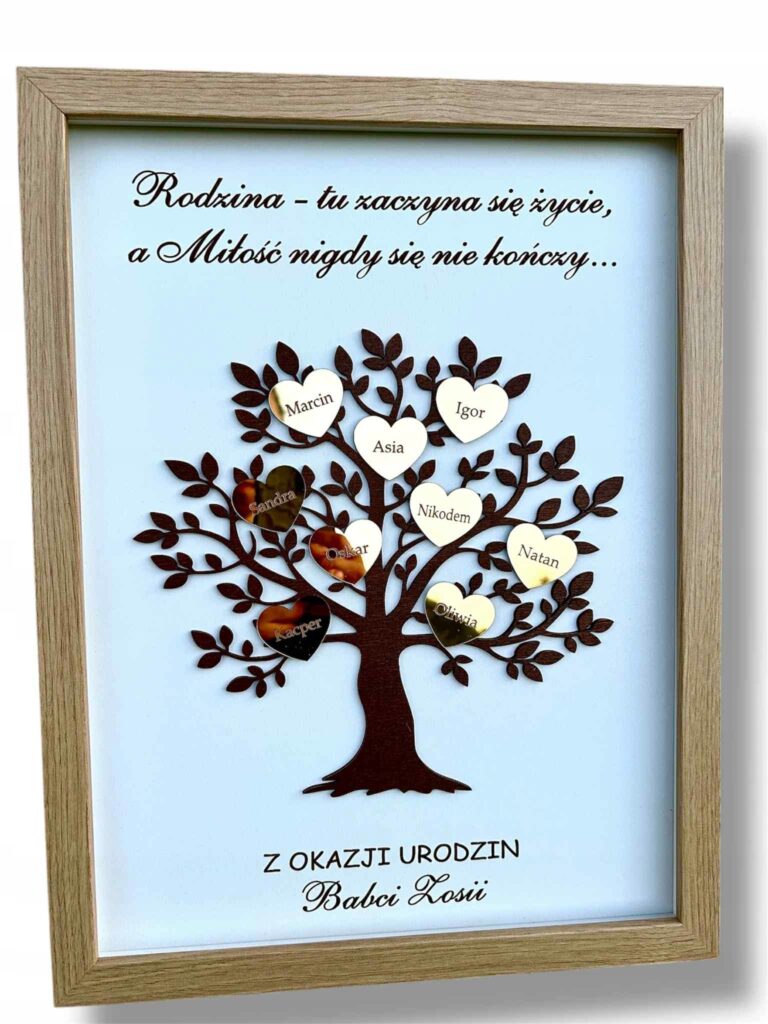 Drzewo rodzinne w ramce ze złotymi sercami