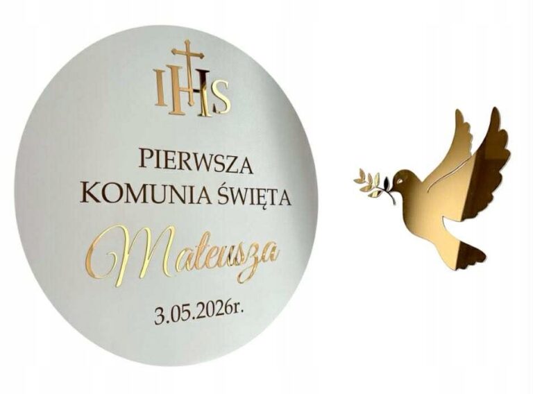 Tablica powitalna na Pierwszą Komunię — biel i złoto, 50 cm