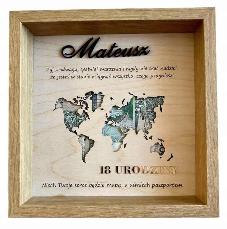 Mapa świata w ramce na pieniądze — prezent urodzinowy
