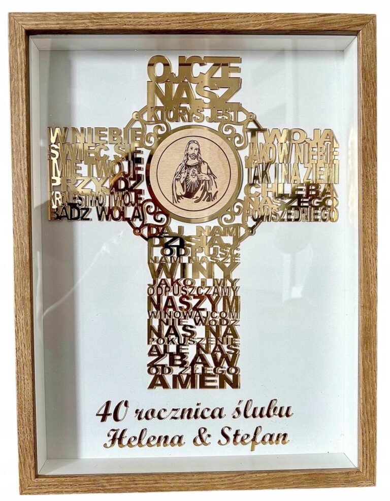 Złoty krzyż w ramce na rocznicę ślubu — 32 × 42 cm